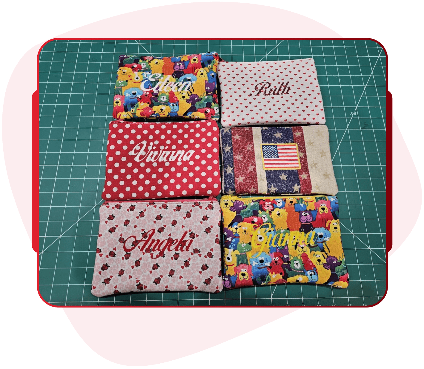 Collection of custom embroidered coming-of-age pouches for Ruth, Viviana, and Eileen